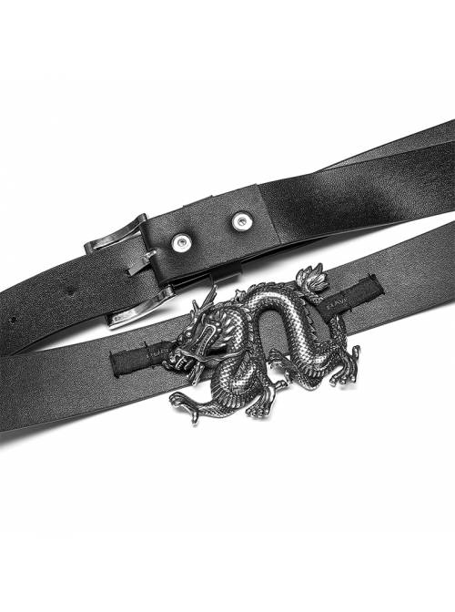 Punk Chinese Style Metal Stereoscopic Carving Dragon-Shaped Adjustable Buckle Decoration PU Leather Black Female Belt