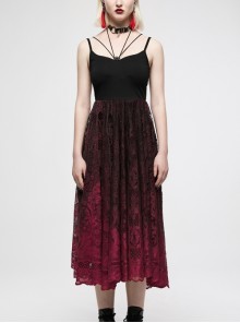Dark Gothic Black Red Gradient Inkjet Jacquard Lace Trim Knitted Fabric Slip Dress