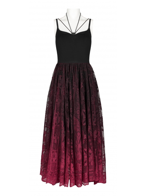 Dark Gothic Black Red Gradient Inkjet Jacquard Lace Trim Knitted Fabric Slip Dress