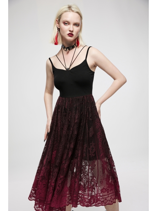 Dark Gothic Black Red Gradient Inkjet Jacquard Lace Trim Knitted Fabric Slip Dress