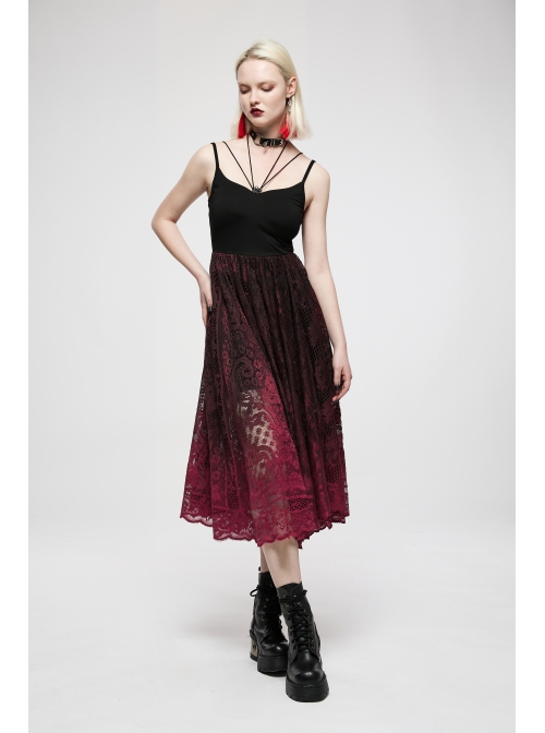 Dark Gothic Black Red Gradient Inkjet Jacquard Lace Trim Knitted Fabric Slip Dress