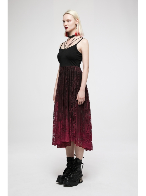 Dark Gothic Black Red Gradient Inkjet Jacquard Lace Trim Knitted Fabric Slip Dress