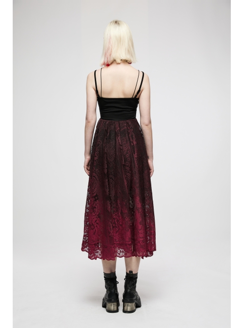 Dark Gothic Black Red Gradient Inkjet Jacquard Lace Trim Knitted Fabric Slip Dress