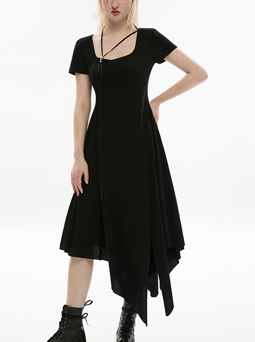 Pure Cotton Knitting Square Neck Design Simple And Irregular Hem Metal Skull Decorative Band Black Short Sleeve Long Dress