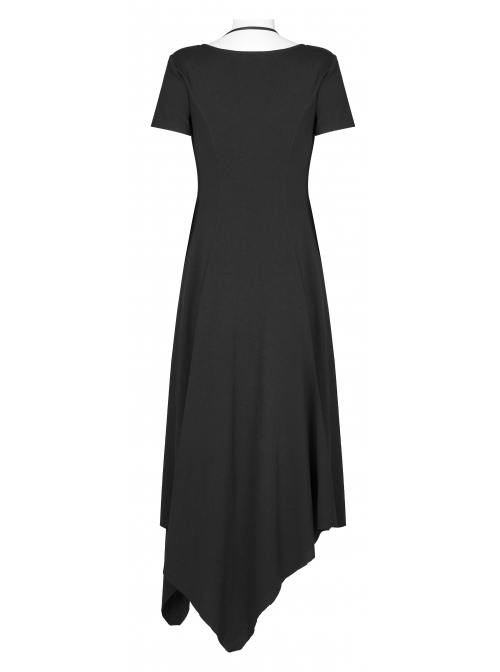 Pure Cotton Knitting Square Neck Design Simple And Irregular Hem Metal Skull Decorative Band Black Short Sleeve Long Dress