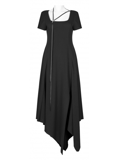 Pure Cotton Knitting Square Neck Design Simple And Irregular Hem Metal Skull Decorative Band Black Short Sleeve Long Dress