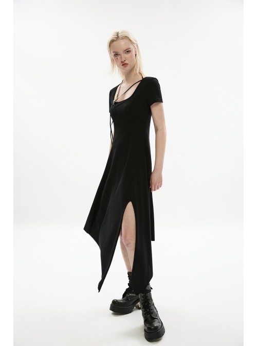 Pure Cotton Knitting Square Neck Design Simple And Irregular Hem Metal Skull Decorative Band Black Short Sleeve Long Dress