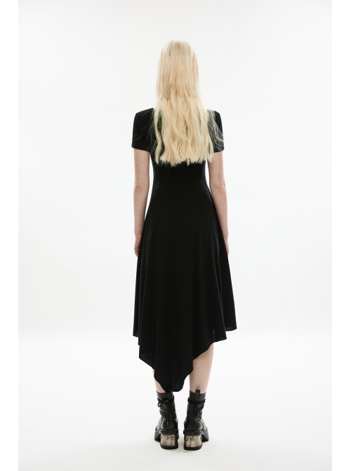 Pure Cotton Knitting Square Neck Design Simple And Irregular Hem Metal Skull Decorative Band Black Short Sleeve Long Dress
