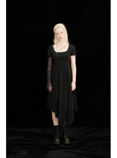 Pure Cotton Knitting Square Neck Design Simple And Irregular Hem Metal Skull Decorative Band Black Short Sleeve Long Dress