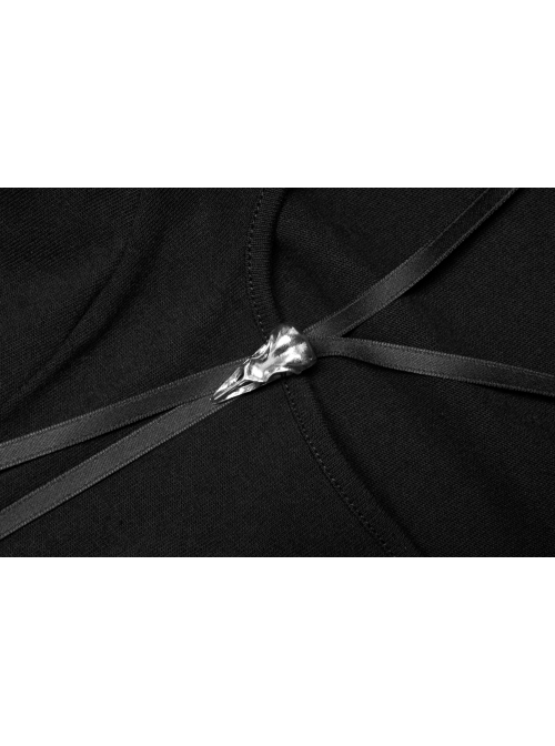 Pure Cotton Knitting Square Neck Design Simple And Irregular Hem Metal Skull Decorative Band Black Short Sleeve Long Dress