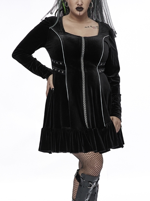 Gothic Black Stretch-Velvet Chain Print Decoration White Webbing Long Sleeve Straps Dress