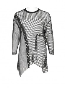 Black Loose Plus Size Mesh Design Metal Buttonhole Webbing Asymmetric Hem Sexy Long Sleeve Gothic Female Shirt