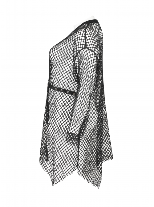 Black Loose Plus Size Mesh Design Metal Buttonhole Webbing Asymmetric Hem Sexy Long Sleeve Gothic Female Shirt