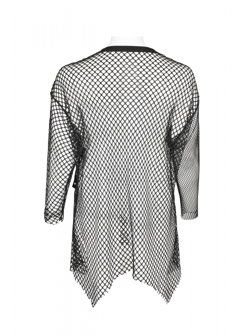 Black Loose Plus Size Mesh Design Metal Buttonhole Webbing Asymmetric Hem Sexy Long Sleeve Gothic Female Shirt
