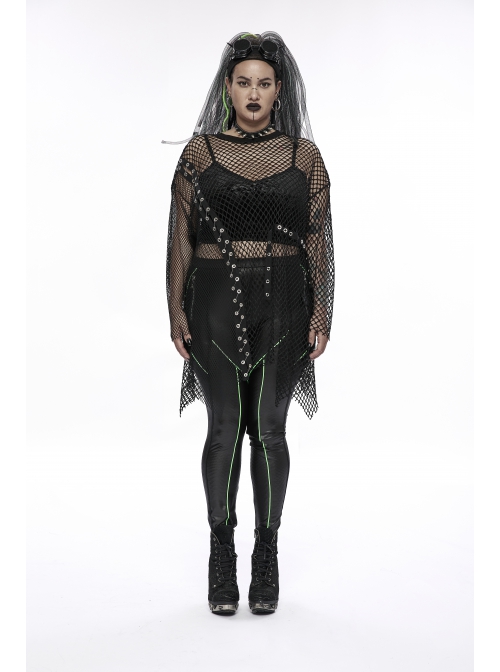 Black Loose Plus Size Mesh Design Metal Buttonhole Webbing Asymmetric Hem Sexy Long Sleeve Gothic Female Shirt