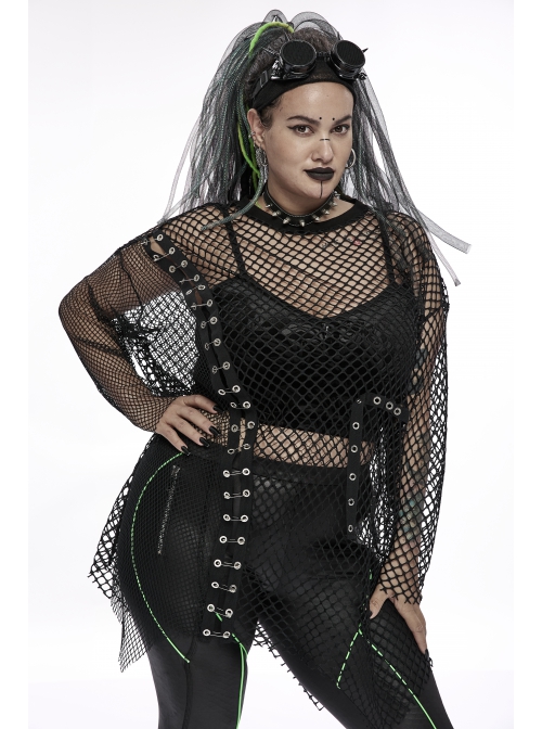 Black Loose Plus Size Mesh Design Metal Buttonhole Webbing Asymmetric Hem Sexy Long Sleeve Gothic Female Shirt