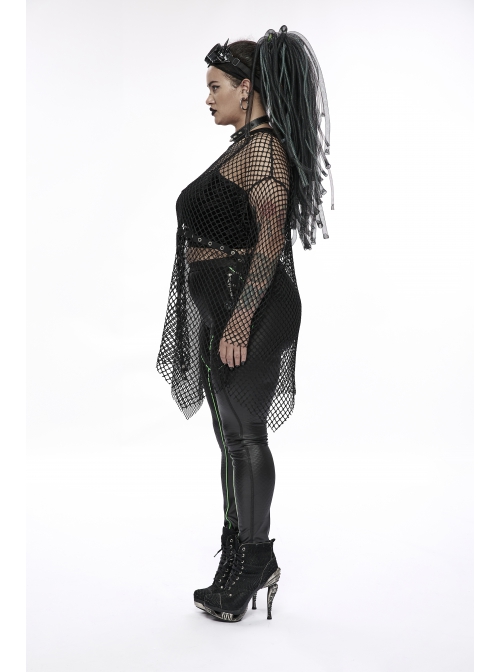Black Loose Plus Size Mesh Design Metal Buttonhole Webbing Asymmetric Hem Sexy Long Sleeve Gothic Female Shirt