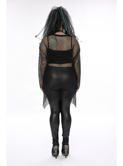Black Loose Plus Size Mesh Design Metal Buttonhole Webbing Asymmetric Hem Sexy Long Sleeve Gothic Female Shirt