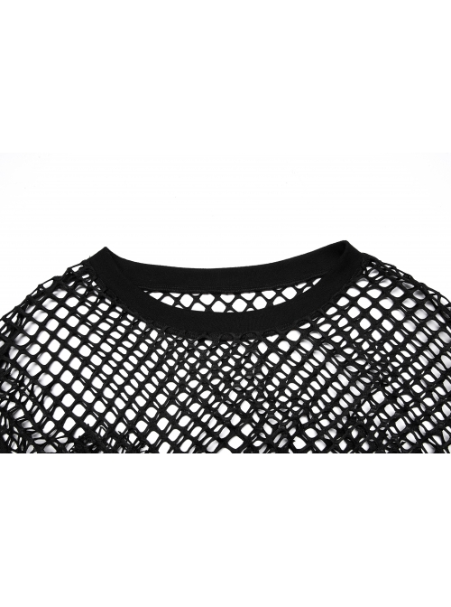 Black Loose Plus Size Mesh Design Metal Buttonhole Webbing Asymmetric Hem Sexy Long Sleeve Gothic Female Shirt