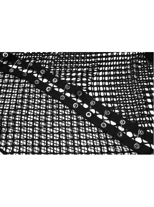 Black Loose Plus Size Mesh Design Metal Buttonhole Webbing Asymmetric Hem Sexy Long Sleeve Gothic Female Shirt