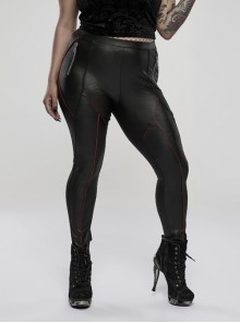 Gothic Daily Simple Elasticity Glued Woven Fabric Red Decorative Strip Sexy Tight Black Long Trousers