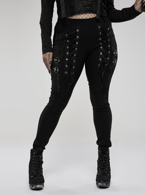 Elasticity Knitting Holes Design Cross Tied Rope Decoration Sexy Tight Punk Black Long Trousers