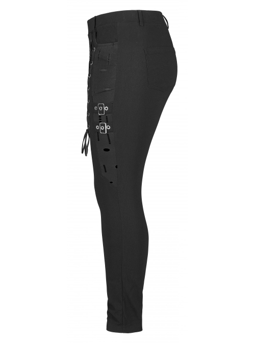 Elasticity Knitting Holes Design Cross Tied Rope Decoration Sexy Tight Punk Black Long Trousers