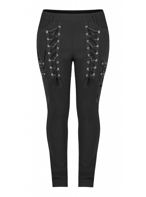 Elasticity Knitting Holes Design Cross Tied Rope Decoration Sexy Tight Punk Black Long Trousers