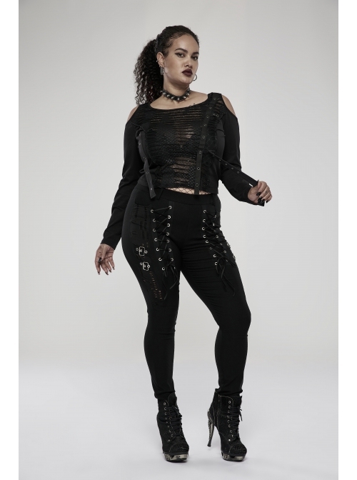 Elasticity Knitting Holes Design Cross Tied Rope Decoration Sexy Tight Punk Black Long Trousers