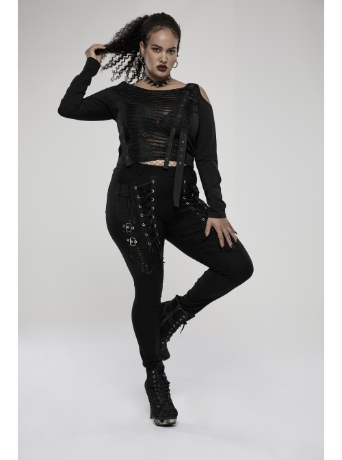 Elasticity Knitting Holes Design Cross Tied Rope Decoration Sexy Tight Punk Black Long Trousers