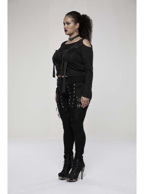 Elasticity Knitting Holes Design Cross Tied Rope Decoration Sexy Tight Punk Black Long Trousers
