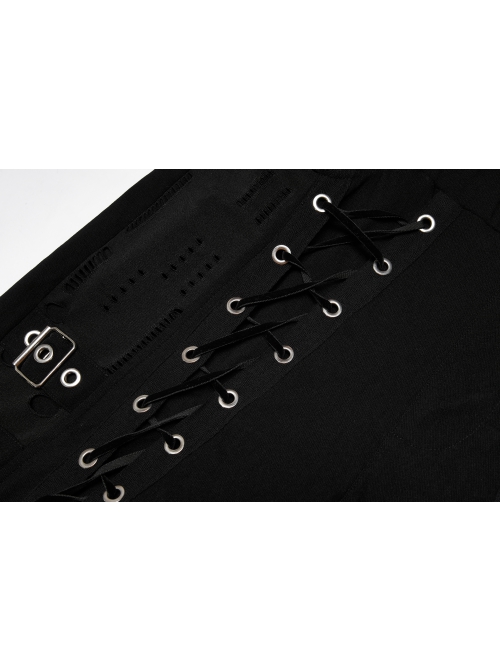 Elasticity Knitting Holes Design Cross Tied Rope Decoration Sexy Tight Punk Black Long Trousers