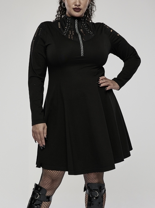 Black Mesh Knit Metal Chain Decoration Printing Long Sleeve Waist Strap Design Gothic Long Sleeve Dress