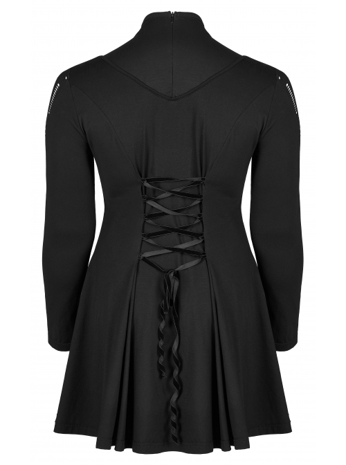 Black Mesh Knit Metal Chain Decoration Printing Long Sleeve Waist Strap Design Gothic Long Sleeve Dress