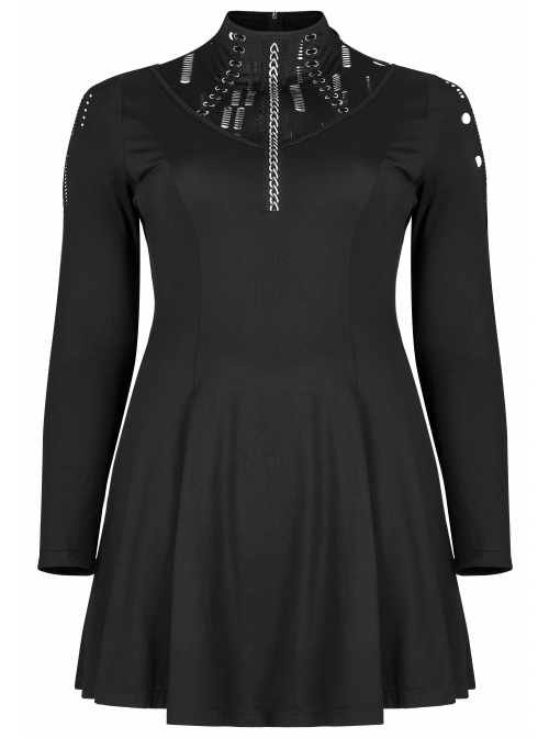 Black Mesh Knit Metal Chain Decoration Printing Long Sleeve Waist Strap Design Gothic Long Sleeve Dress