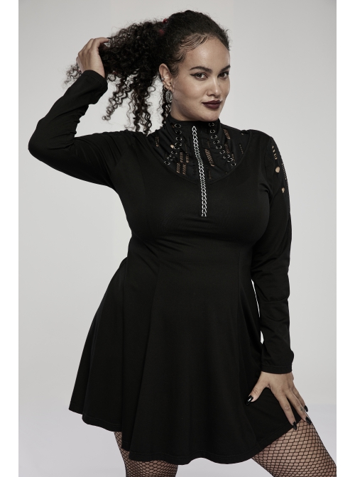 Black Mesh Knit Metal Chain Decoration Printing Long Sleeve Waist Strap Design Gothic Long Sleeve Dress