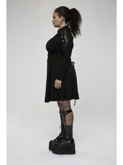 Black Mesh Knit Metal Chain Decoration Printing Long Sleeve Waist Strap Design Gothic Long Sleeve Dress