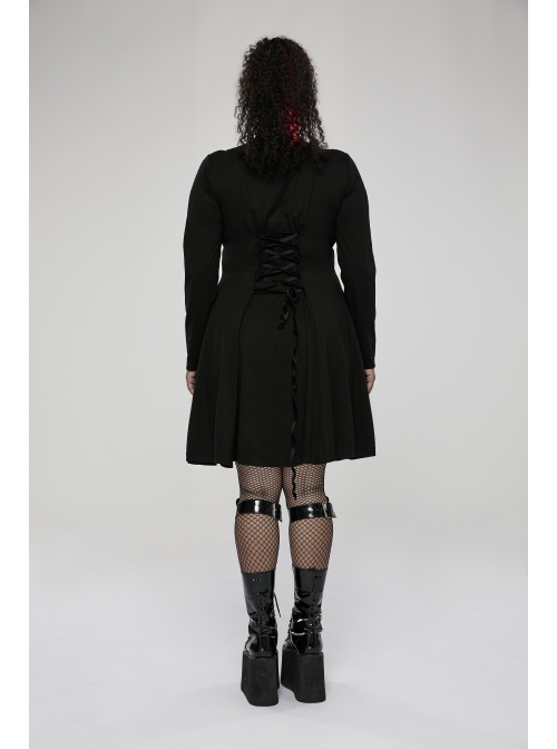 Black Mesh Knit Metal Chain Decoration Printing Long Sleeve Waist Strap Design Gothic Long Sleeve Dress