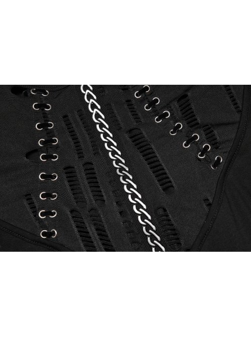Black Mesh Knit Metal Chain Decoration Printing Long Sleeve Waist Strap Design Gothic Long Sleeve Dress