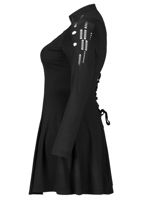 Black Mesh Knit Metal Chain Decoration Printing Long Sleeve Waist Strap Design Gothic Long Sleeve Dress
