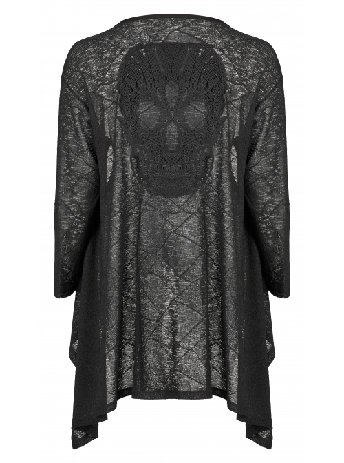 Daily Soft Knitting Mottled Texture Asymmetric Hem Skull Decal On The Back Gothic Female Light Jacket