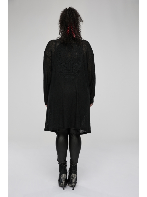 Daily Soft Knitting Mottled Texture Asymmetric Hem Skull Decal On The Back Gothic Female Light Jacket