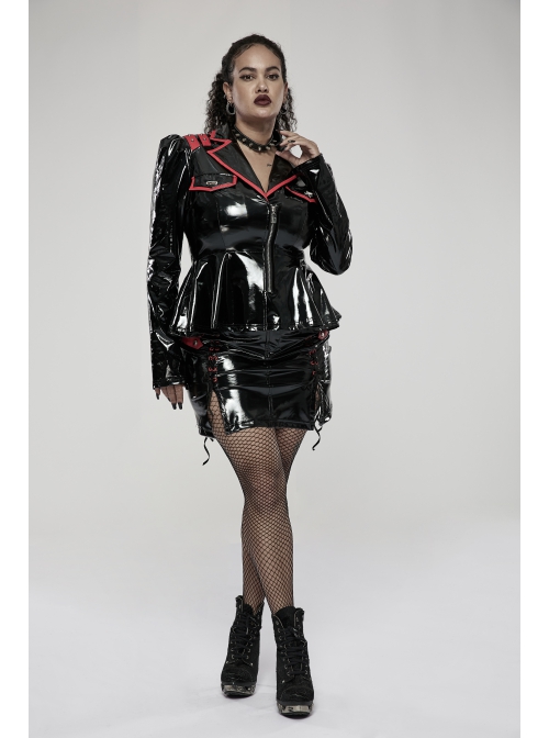 Sexy Patent Leather Sexy Metal Grommet Cross Straps Red Belt Buckle Decoration Punk Slit Short Skirt