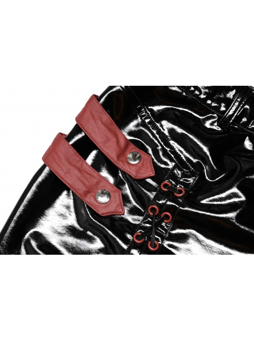 Sexy Patent Leather Sexy Metal Grommet Cross Straps Red Belt Buckle Decoration Punk Slit Short Skirt
