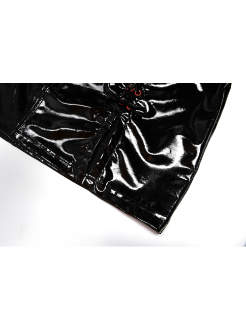 Sexy Patent Leather Sexy Metal Grommet Cross Straps Red Belt Buckle Decoration Punk Slit Short Skirt