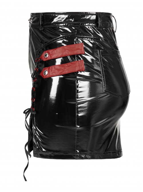 Sexy Patent Leather Sexy Metal Grommet Cross Straps Red Belt Buckle Decoration Punk Slit Short Skirt