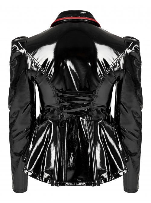 Stretch Sexy Patent Leather Metal Rivets Red Leather Buckle Decoration Waist Pleats Hem Gothic Jacket