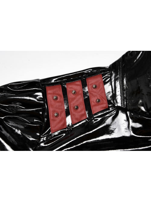 Stretch Sexy Patent Leather Metal Rivets Red Leather Buckle Decoration Waist Pleats Hem Gothic Jacket