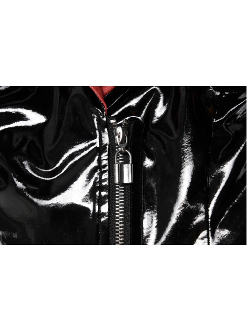 Stretch Sexy Patent Leather Metal Rivets Red Leather Buckle Decoration Waist Pleats Hem Gothic Jacket