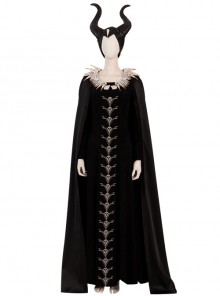 Maleficent Skeleton Embroidered Black Long Dress Halloween Cosplay Costume Set